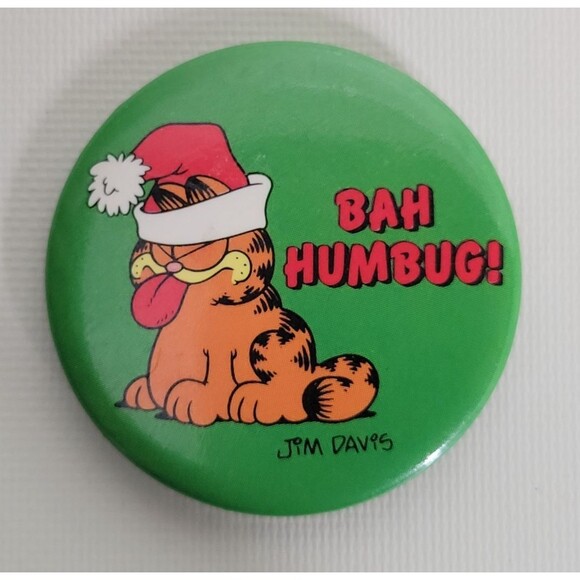 Vintage Garfield‎ Pinback Pin Christmas Bah Humbug Button-Up 1978 - Picture 1 of 5